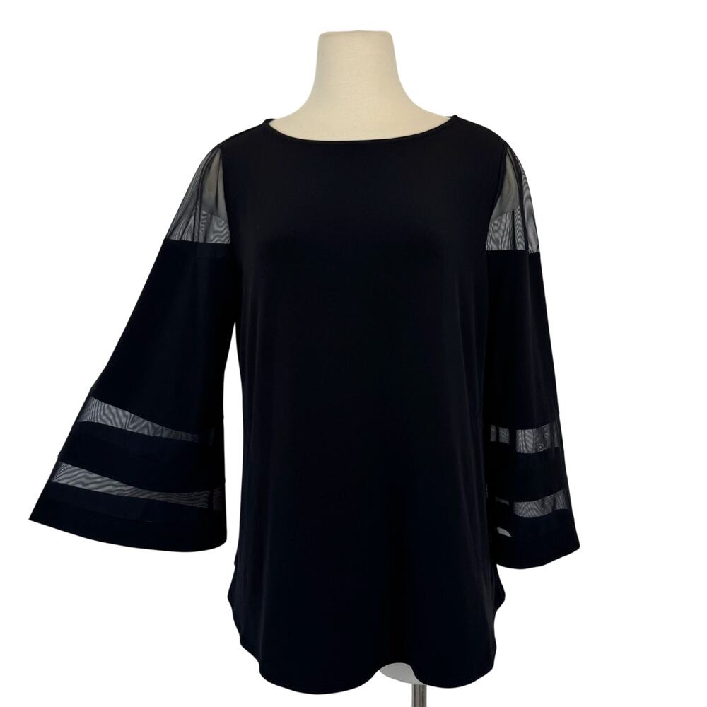 IC Collection 3/4 Bell Sleeve Top Blouse Stretchy Boat-Neck Black L